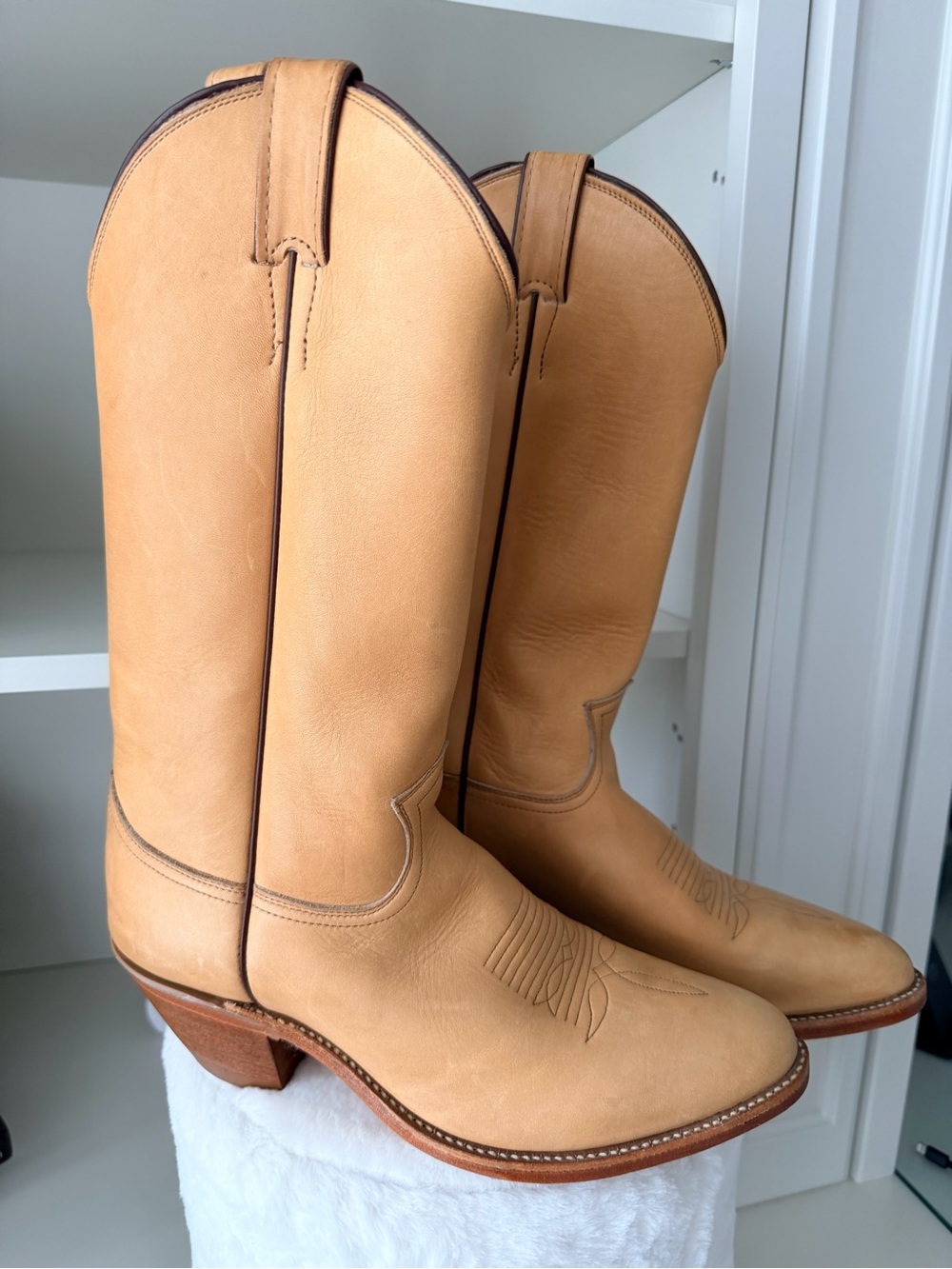 Vintage JUSTIN 1106 Camel Tan Leather Western Ranch Cowboy Boots Mens Size 8 Usa